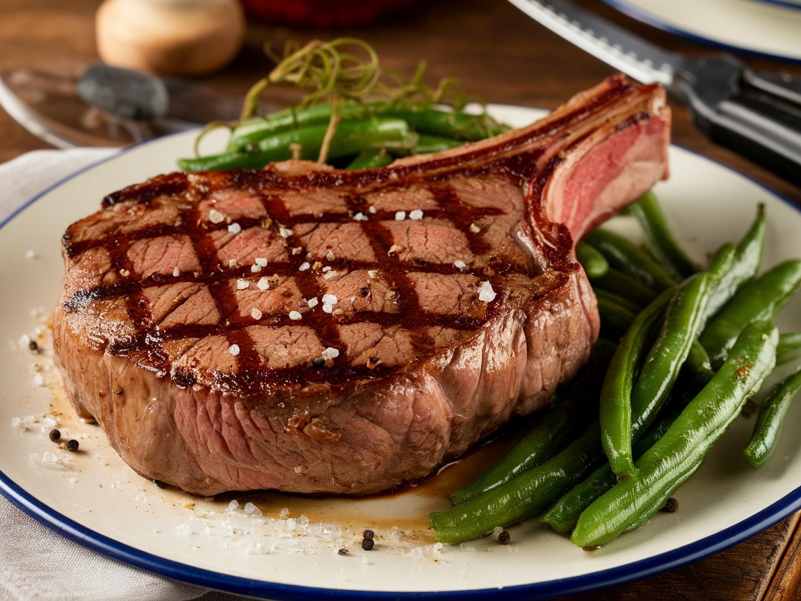 Perfectly grilled Porterhouse steak with sautéed green beans on rustic table.